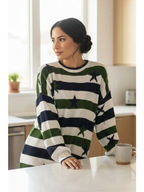 Oversized Stars and Stripes High-Low Long Sleeve Knit American Pullover Sweater